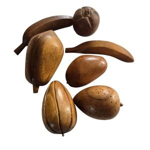 MCM Wood Fruit Hand Carved Fruit Vegetables Brazil Lot Of 7 Banana Apple Pear